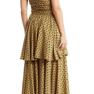 Polka Dot Tiered Midi Dress in Mustard with Ruched Bodice